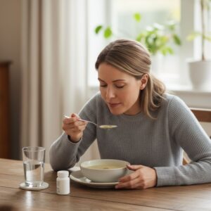 someone eating a bowl of soft soup, with a glass of water nearby, in a comfortable home setting