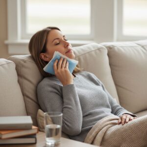 someone gently applying a cold pack to their jaw, looking relaxed while sitting on a couch