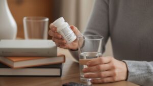 a close-up of a person's hand holding a pill bottle and a glass of water for pain management during recovery