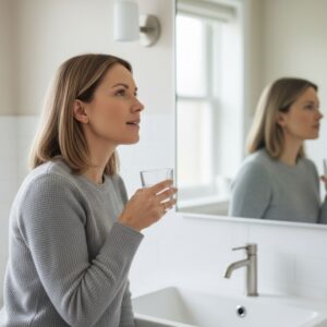 someone gently rinsing their mouth with a small glass of warm salt water in a clean bathroom