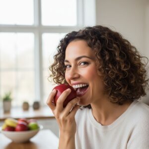 A happy woman with curly hair takes a bite out of a red apple.