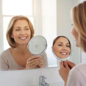 A woman with a bright, confident smile looks at her reflection in a small handheld mirror in a bathroom.