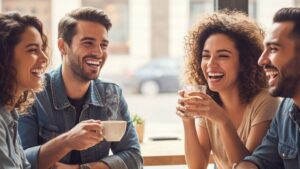 A diverse group of smiling friends enjoys conversation and drinks at a cafe.