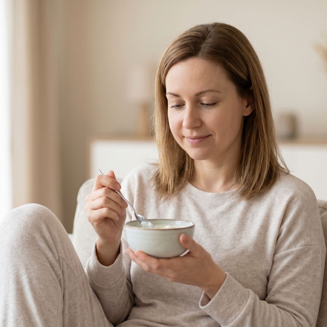 person eating yogurt