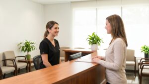 talking to receptionist