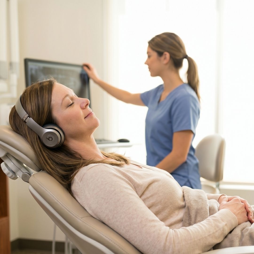 dental patient with headphones on