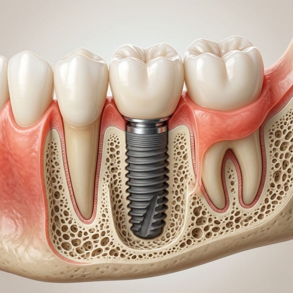 A detailed dental implant and porcelain crown illustrating permanent tooth replacement technology.