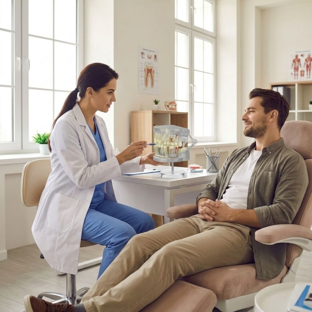 An oral surgeon explaining a digital treatment plan to a patient in a warm office.