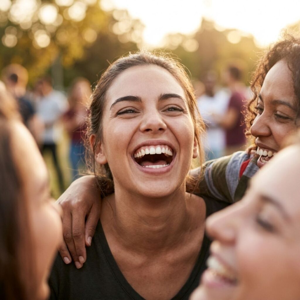 A person laughing happily with friends, showcasing a healthy, confident, and complete smile.