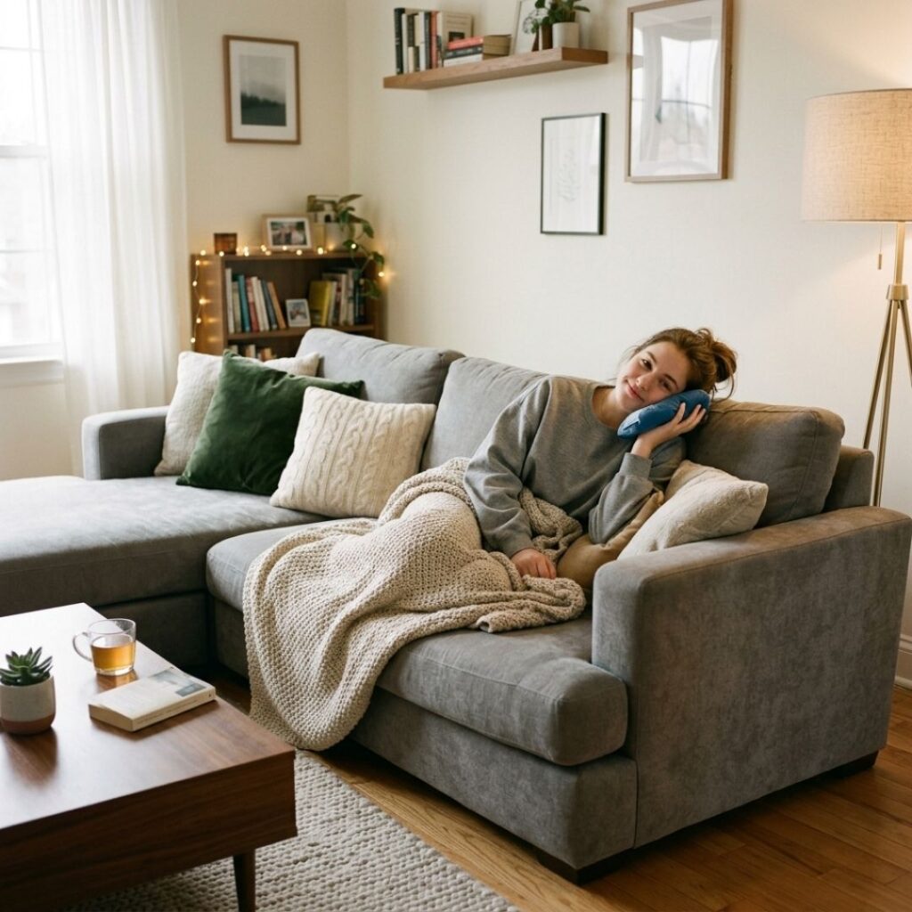 A teenager resting comfortably on a living room sofa with a cold pack, recovering in a peaceful home.