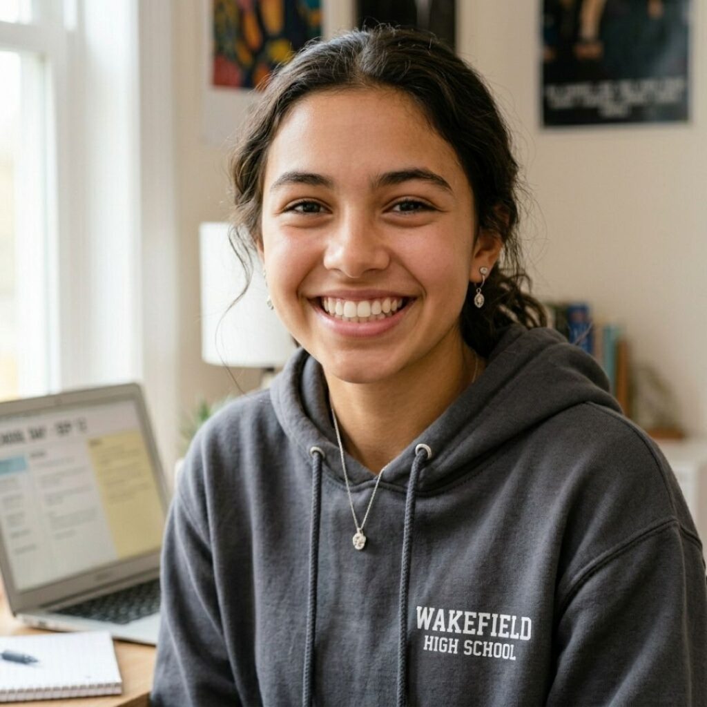 A teenage student smiling confidently at a school desk, reflecting good health and academic readiness.