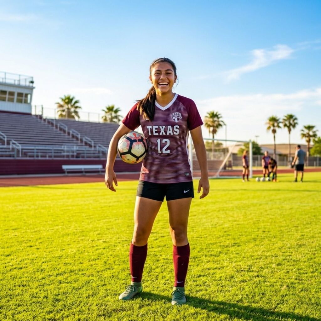 A happy teenage athlete smiling on a sunny sports field, showing off a healthy and pain-free smile.