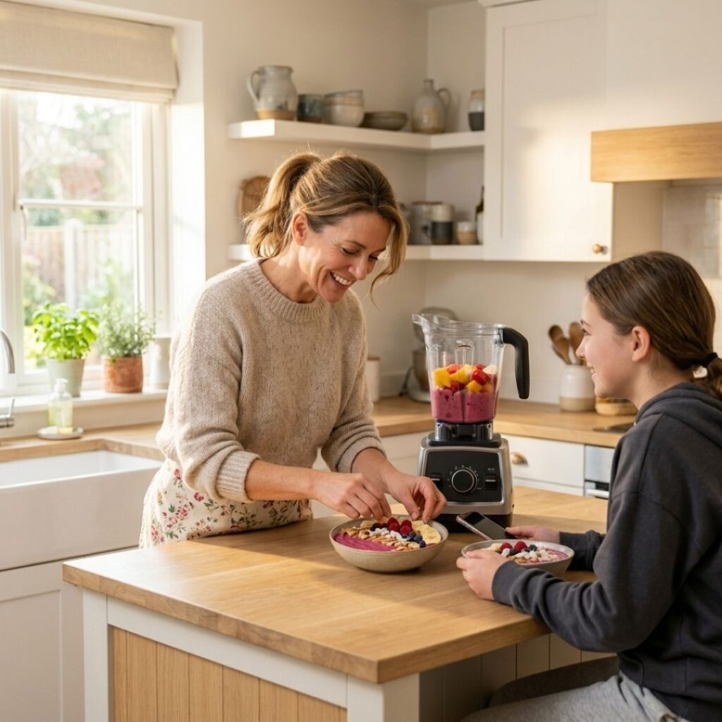 A mother preparing a nutritious, soft fruit smoothie bowl in a bright kitchen for a recovering teen.